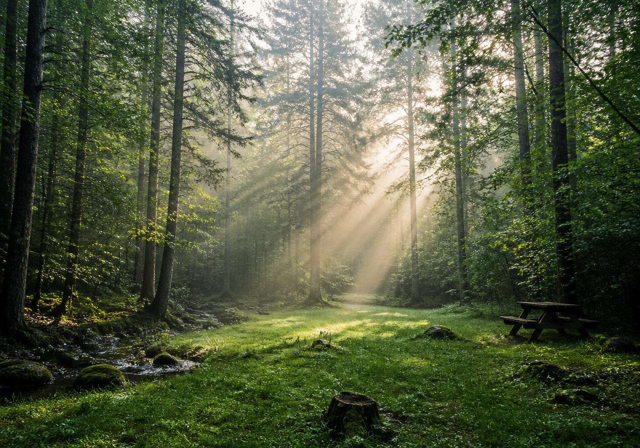 Forêt calme au petit matin, cadre des week-ends sans écran pour ados